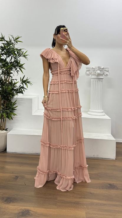 Powder Layered Ruffle Special Design Chiffon Evening Dress